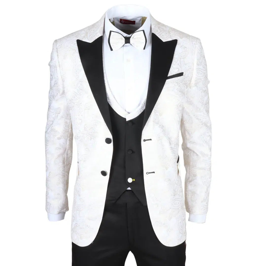 AK-29 - Terno de casamento masculino de 3 peças branco com estampa paisley