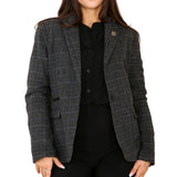 Terno feminino cinza com blazer xadrez de tweed