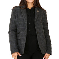Terno feminino cinza com blazer xadrez de tweed