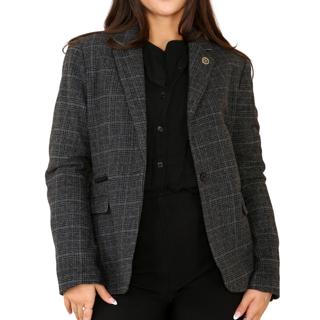 Terno feminino cinza com blazer xadrez de tweed