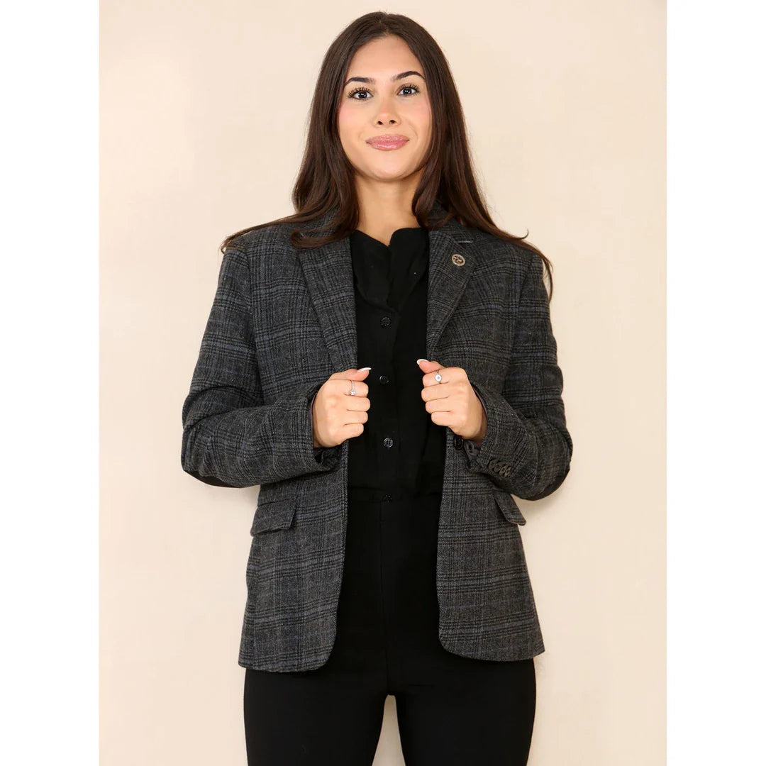Terno feminino cinza com blazer xadrez de tweed