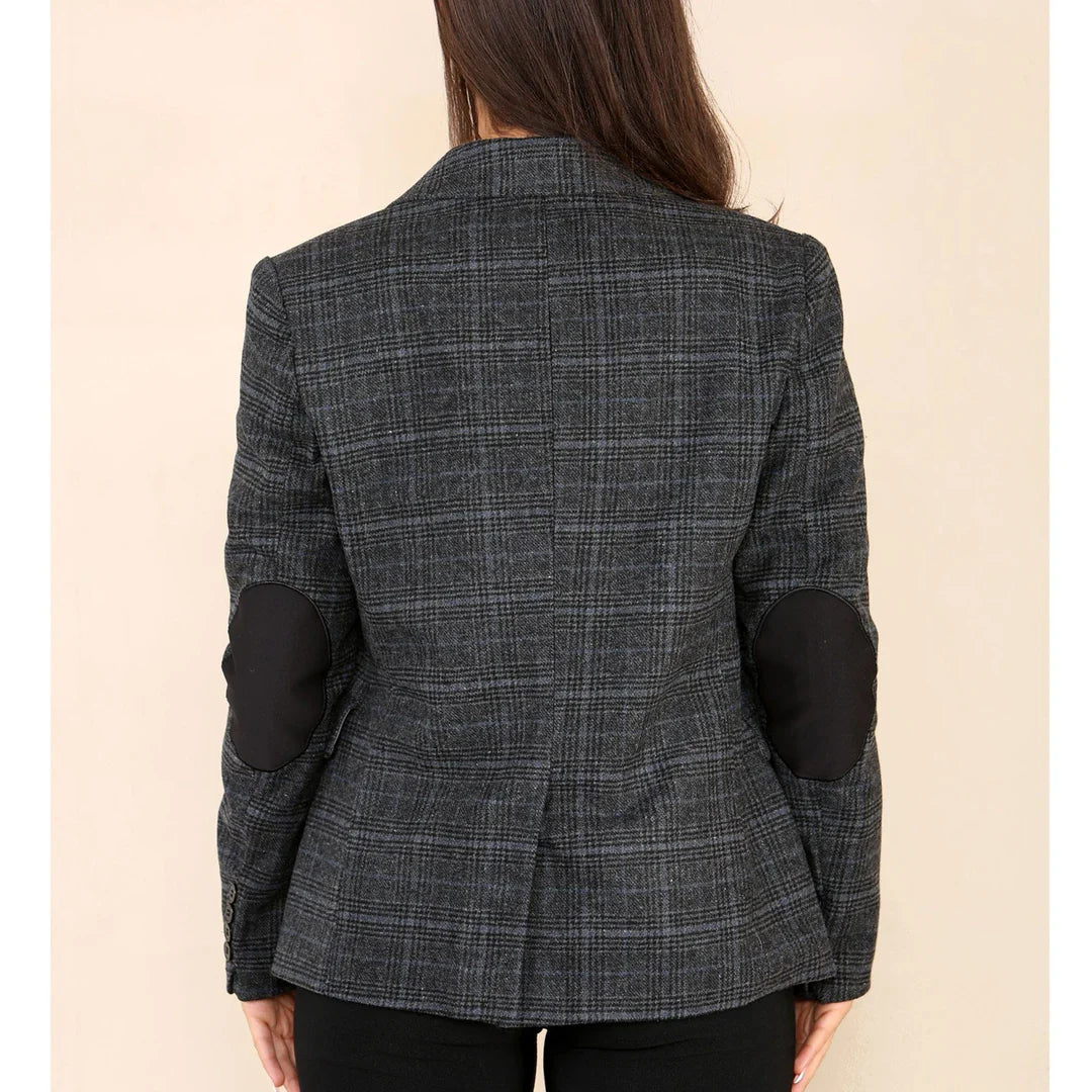 Terno feminino cinza com blazer xadrez de tweed