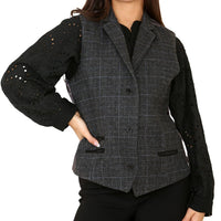 Colete feminino de tweed xadrez cinza