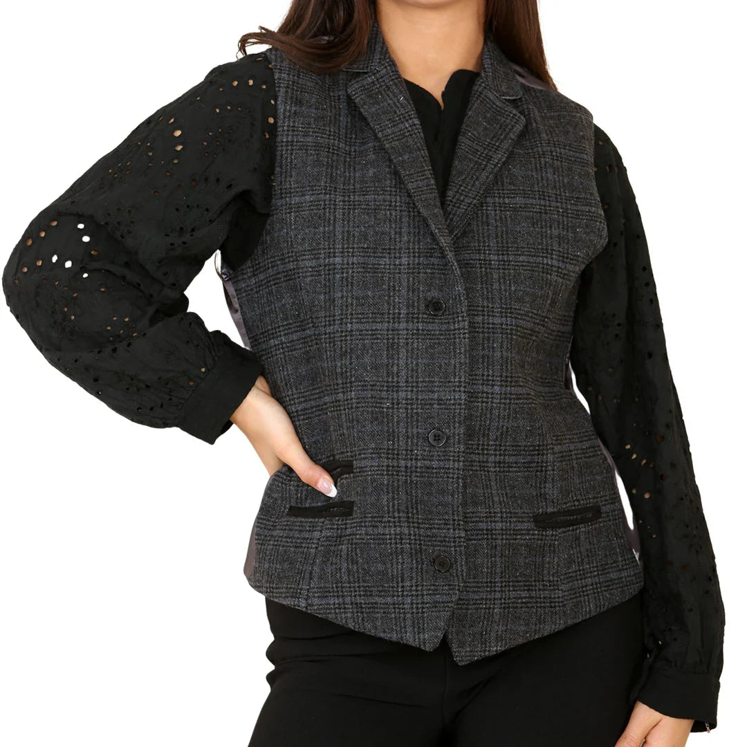 Colete feminino de tweed xadrez cinza