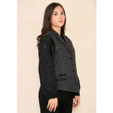 Colete feminino de tweed xadrez cinza