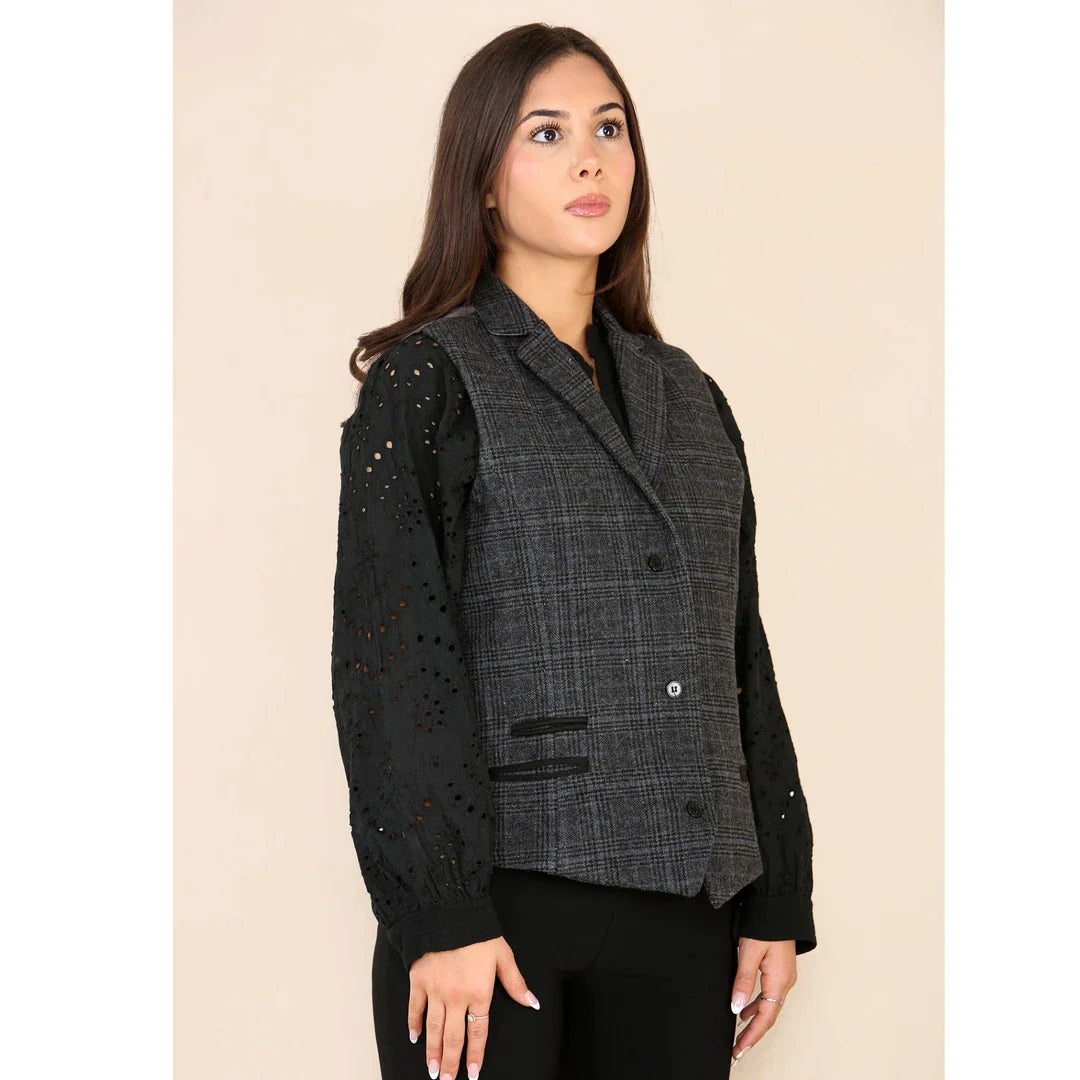Colete feminino de tweed xadrez cinza