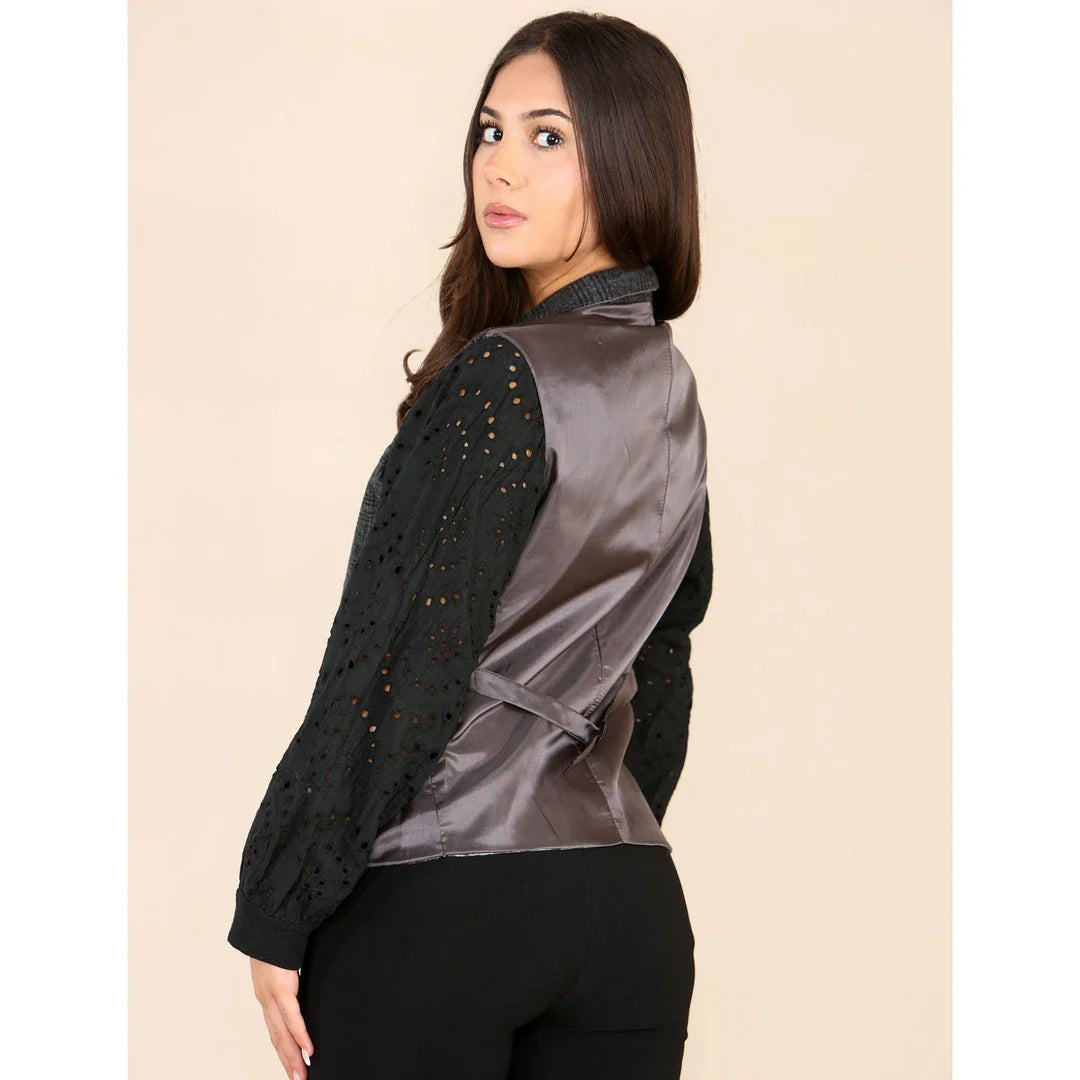 Colete feminino de tweed xadrez cinza