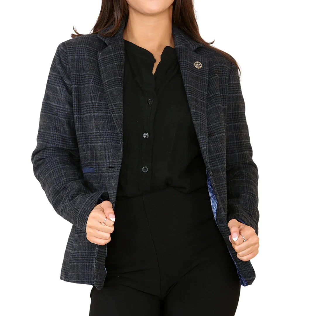 Terno feminino xadrez tweed azul
