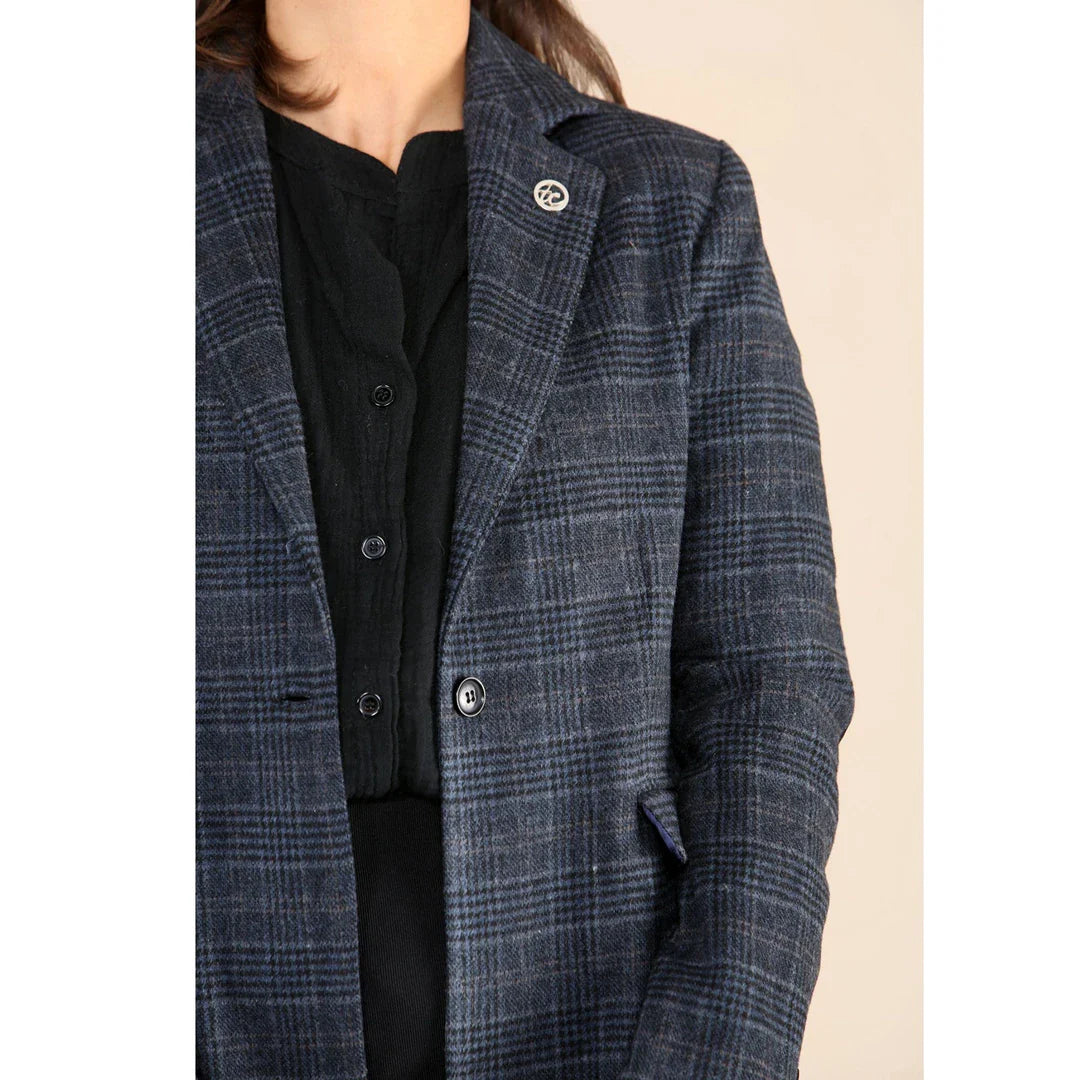Terno feminino xadrez tweed azul