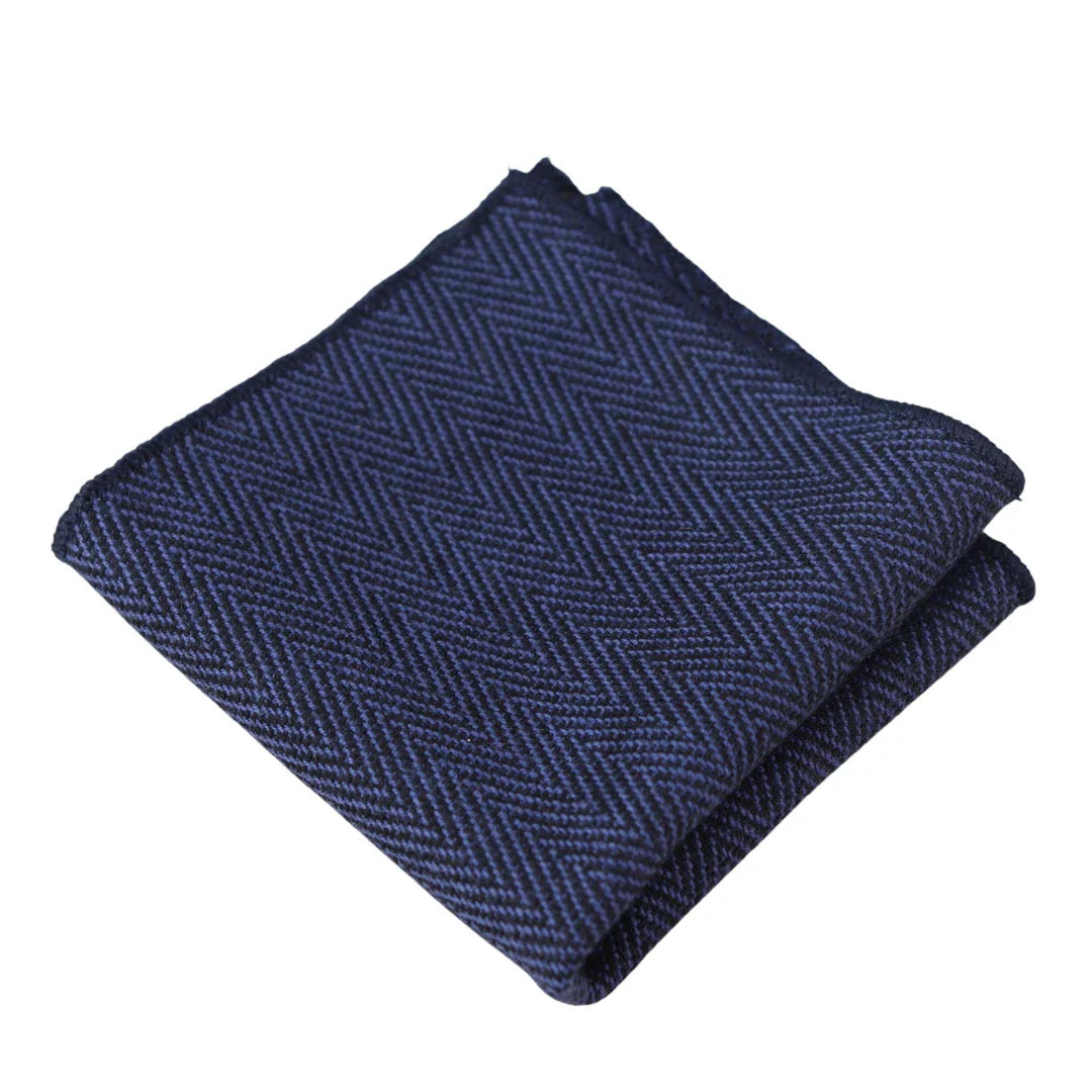 Conjunto de gravata e lenço de bolso masculino em tweed azul espinha de peixe