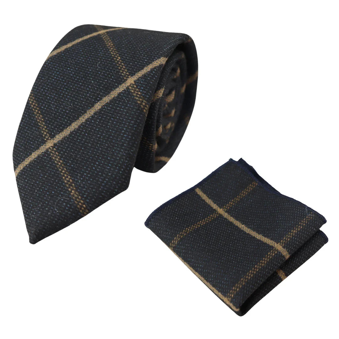 Conjunto de gravata e lenço de bolso masculino em tweed azul-marinho com padrão espinha de peixe