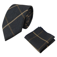 Conjunto de gravata e lenço de bolso masculino em tweed azul-marinho com padrão espinha de peixe