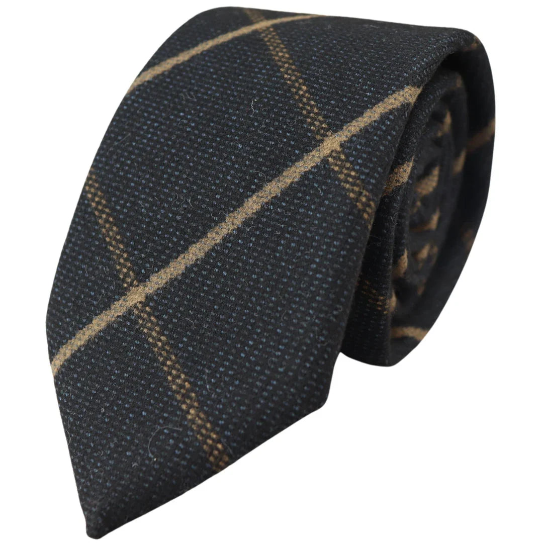 Conjunto de gravata e lenço de bolso masculino em tweed azul-marinho com padrão espinha de peixe