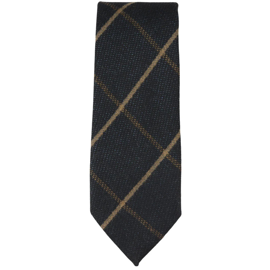 Conjunto de gravata e lenço de bolso masculino em tweed azul-marinho com padrão espinha de peixe