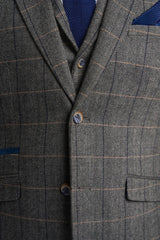 Terno masculino Cavani Albert em tweed espinha de peixe com estampa xadrez, 3 peças, cor carvão.
