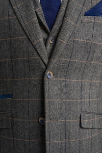 Terno masculino Cavani Albert em tweed espinha de peixe com estampa xadrez, 3 peças, cor carvão.