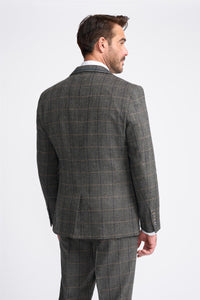 Terno masculino Cavani Albert em tweed espinha de peixe com estampa xadrez, 3 peças, cor carvão.