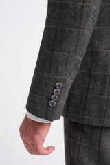Terno masculino Cavani Albert em tweed espinha de peixe com estampa xadrez, 3 peças, cor carvão.