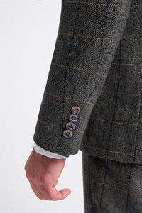 Terno masculino Cavani Albert em tweed espinha de peixe com estampa xadrez, 3 peças, cor carvão.