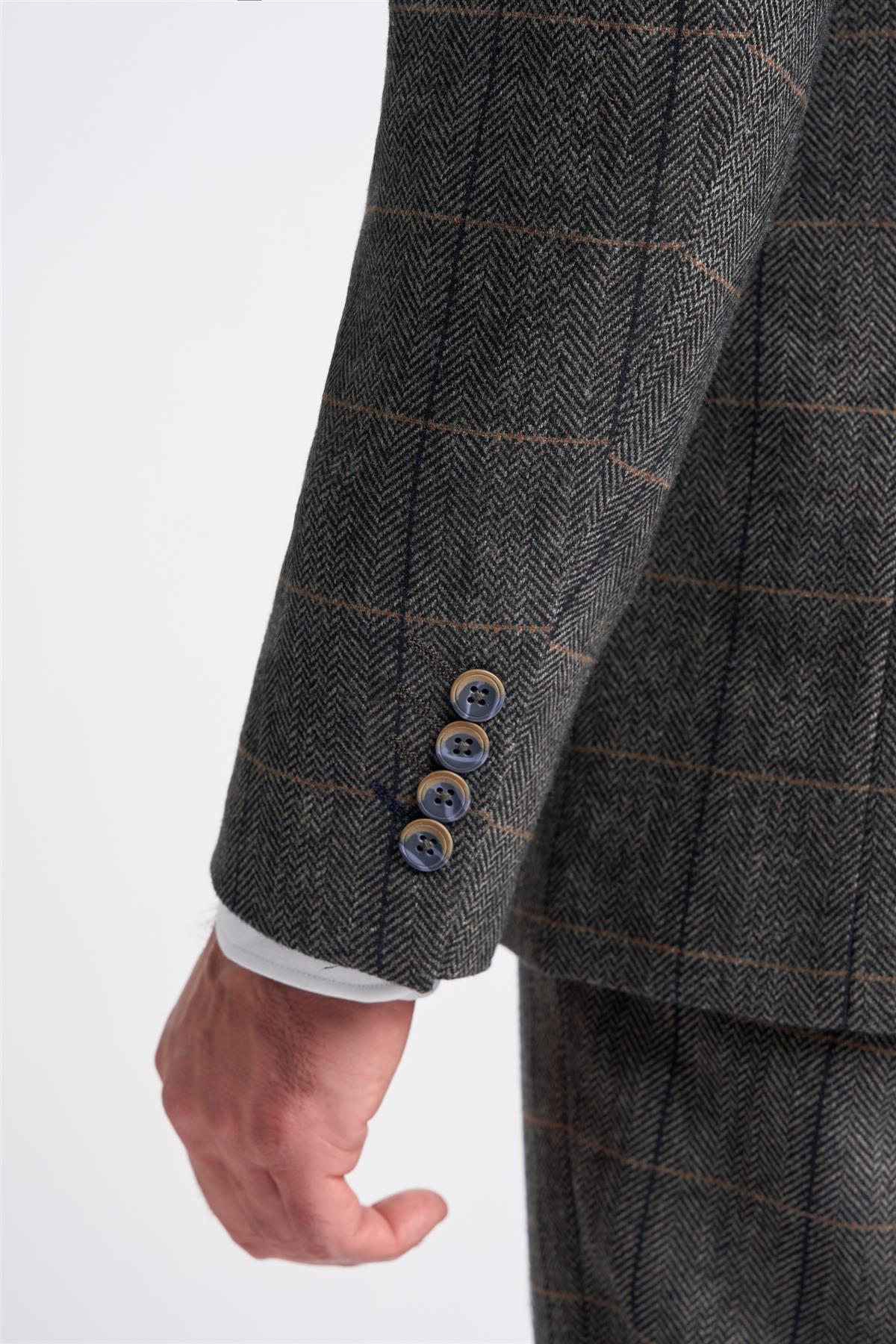 Terno masculino Cavani Albert em tweed espinha de peixe com estampa xadrez, 3 peças, cor carvão.