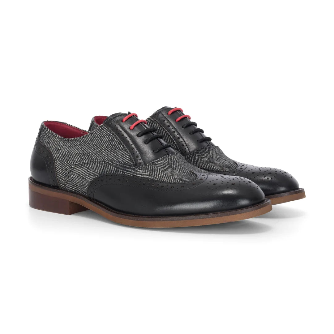 Albert - Sapatos Brogue Masculinos em Couro Preto com Detalhes em Tweed