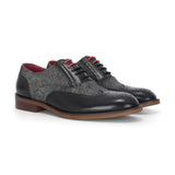 Albert - Sapatos Brogue Masculinos em Couro Preto com Detalhes em Tweed