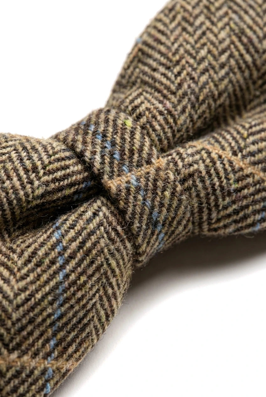 Albert - Gravata Borboleta Masculina em Tweed Marrom com Estampa Espinha de Peixe