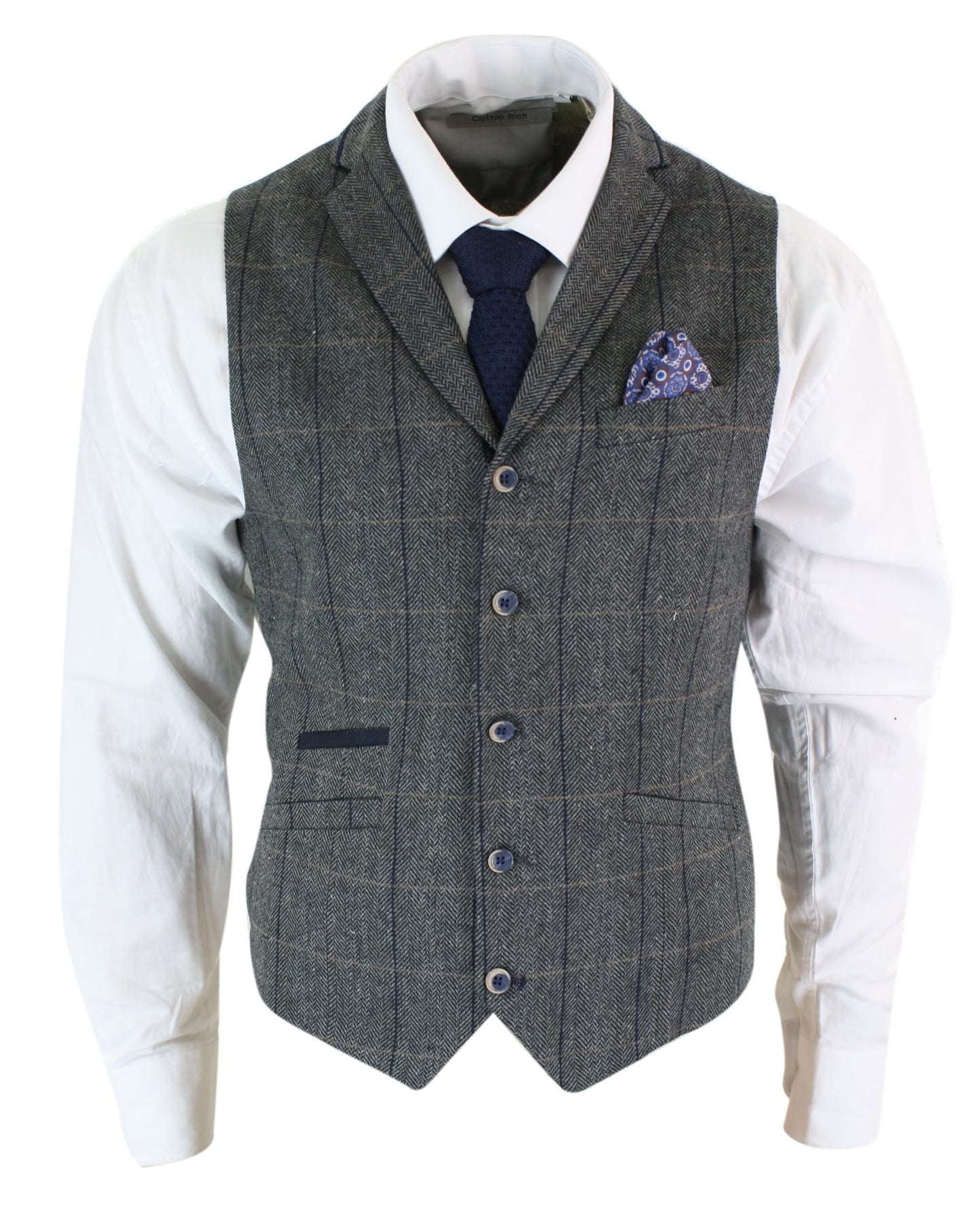Colete masculino clássico Cavani Albert em tweed com estampa espinha de peixe xadrez marrom e cinza, corte slim, estilo vintage - Carvão