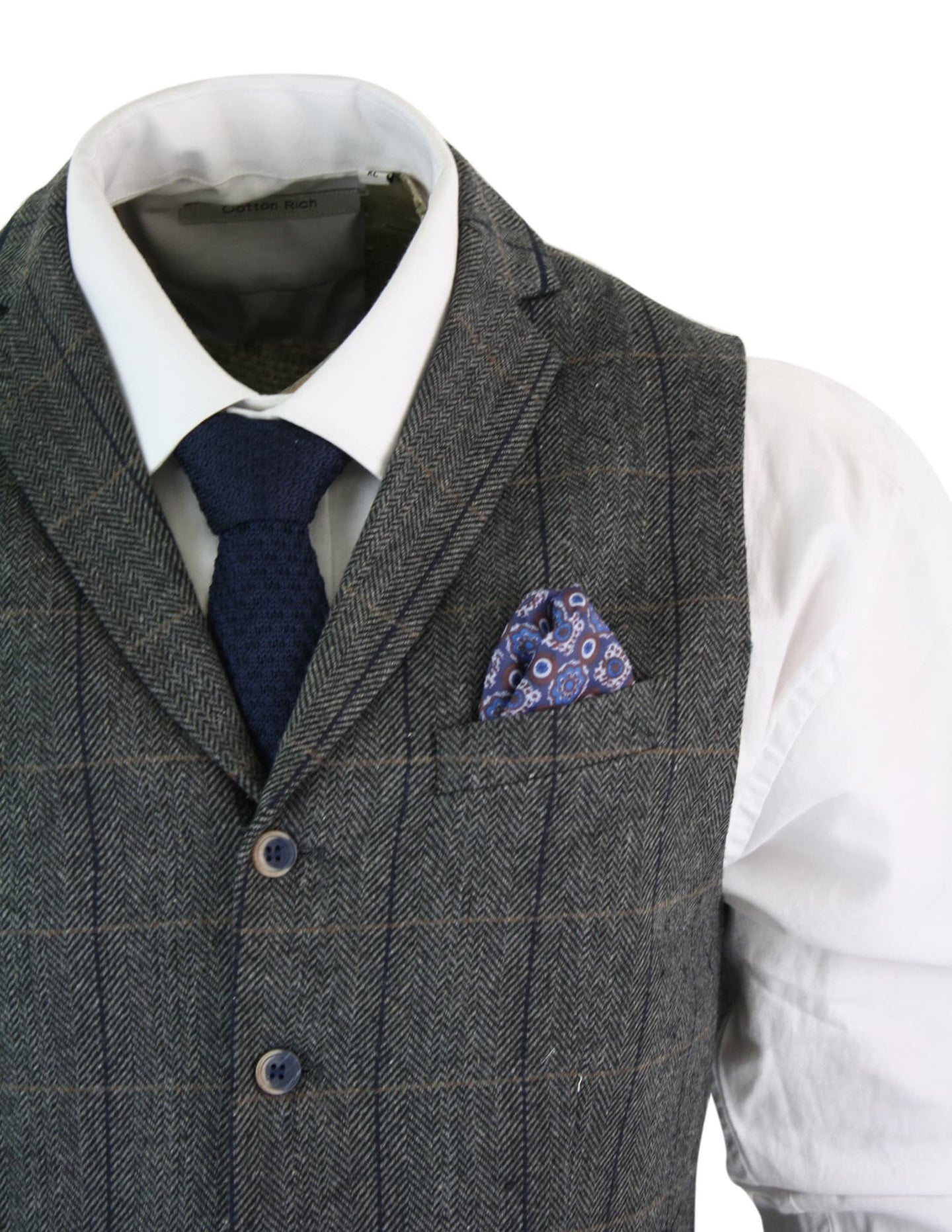 Colete masculino clássico Cavani Albert em tweed com estampa espinha de peixe xadrez marrom e cinza, corte slim, estilo vintage - Carvão
