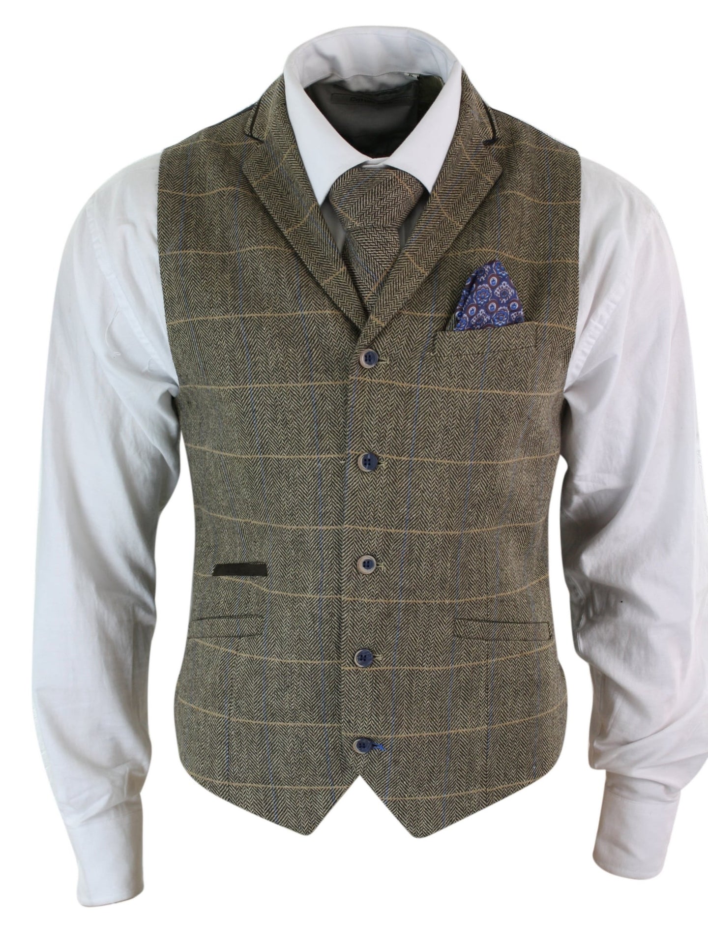 Colete masculino clássico Cavani Albert em tweed com estampa espinha de peixe xadrez marrom e cinza, corte slim, estilo vintage.