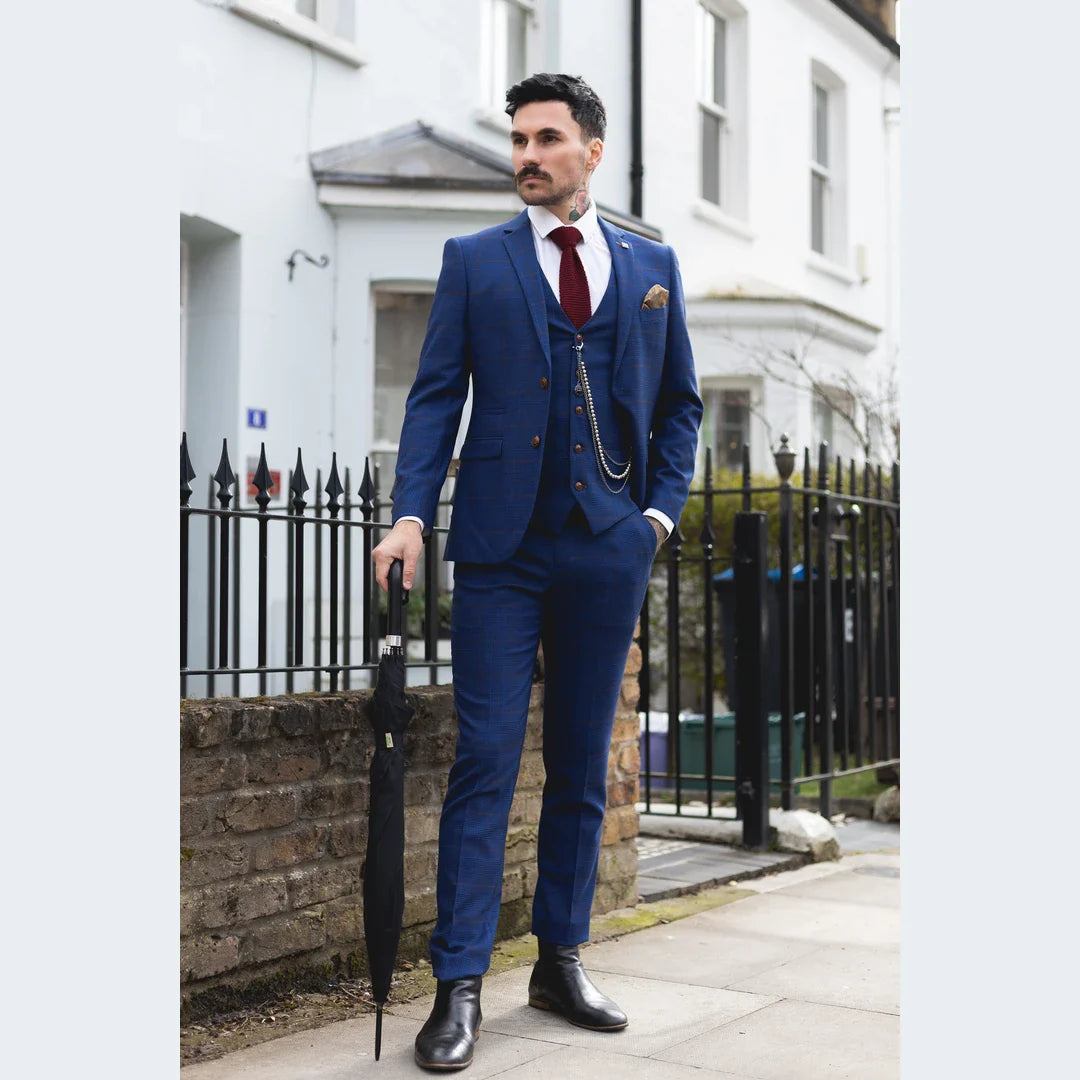 Terno masculino xadrez azul e marrom de 3 peças, corte sob medida, ideal para casamentos, formaturas e corridas de cavalos, estilo Príncipe de Gales.