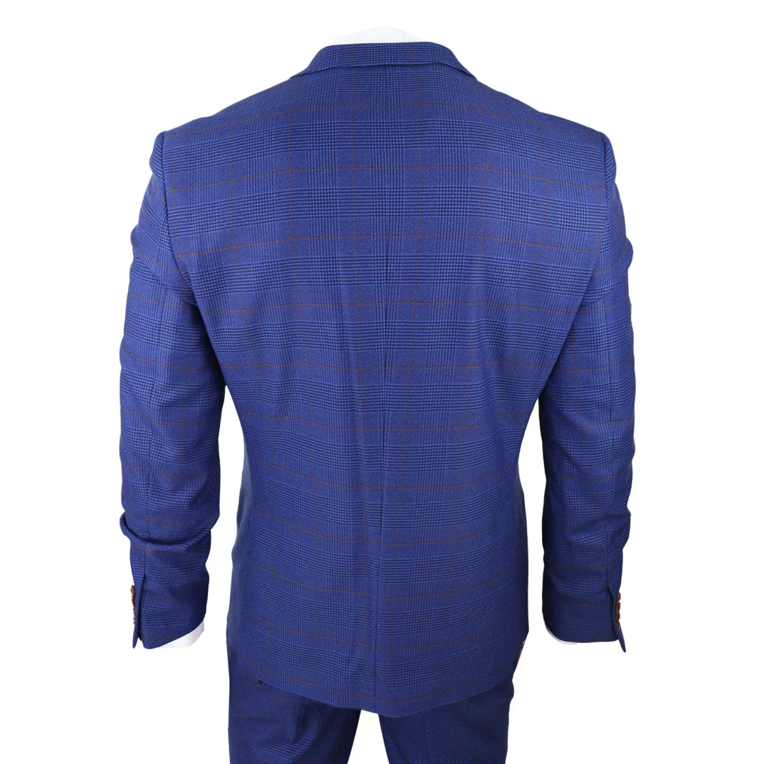 Terno masculino xadrez azul e marrom de 3 peças, corte sob medida, ideal para casamentos, formaturas e corridas de cavalos, estilo Príncipe de Gales.