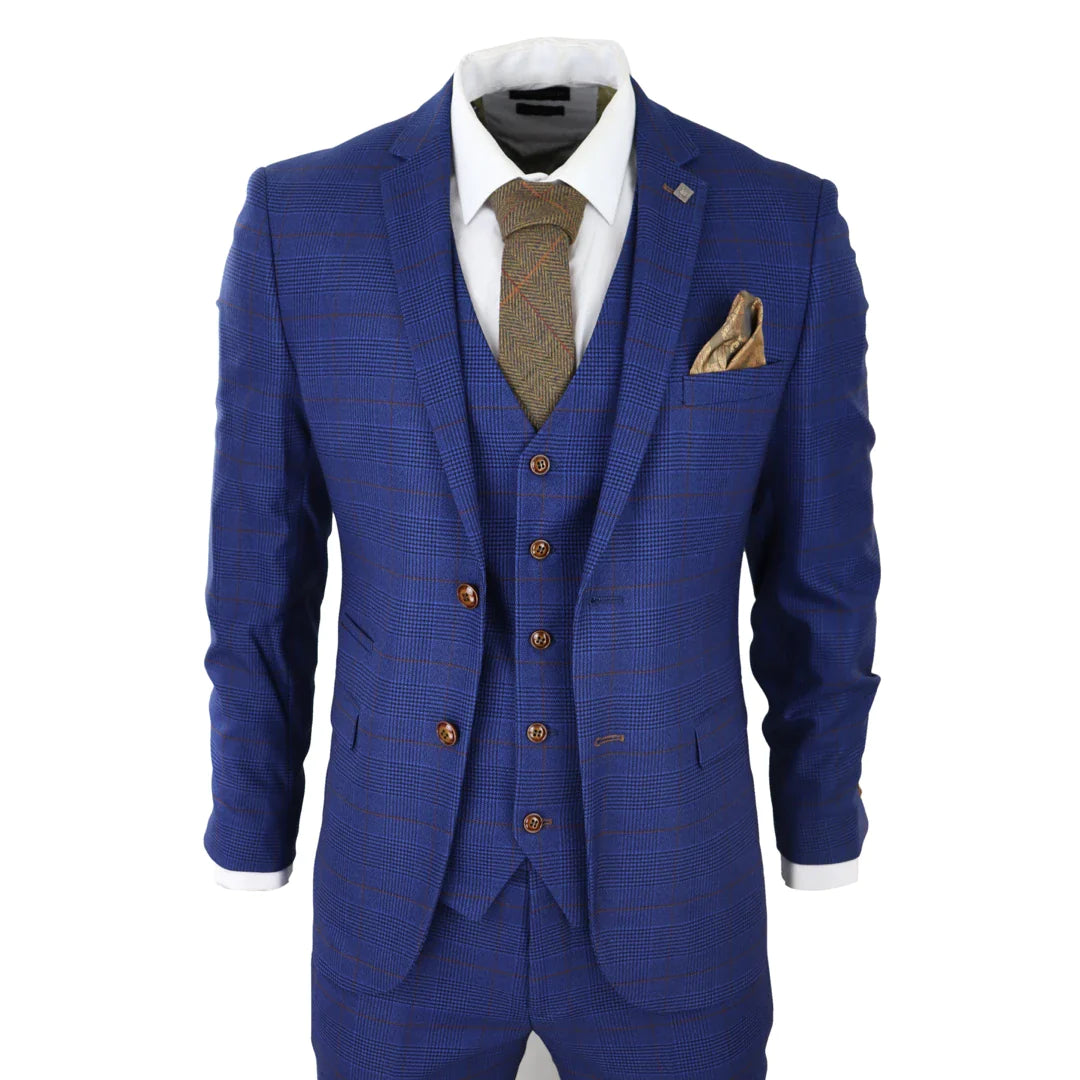 Terno masculino xadrez azul e marrom de 3 peças, corte sob medida, ideal para casamentos, formaturas e corridas de cavalos, estilo Príncipe de Gales.