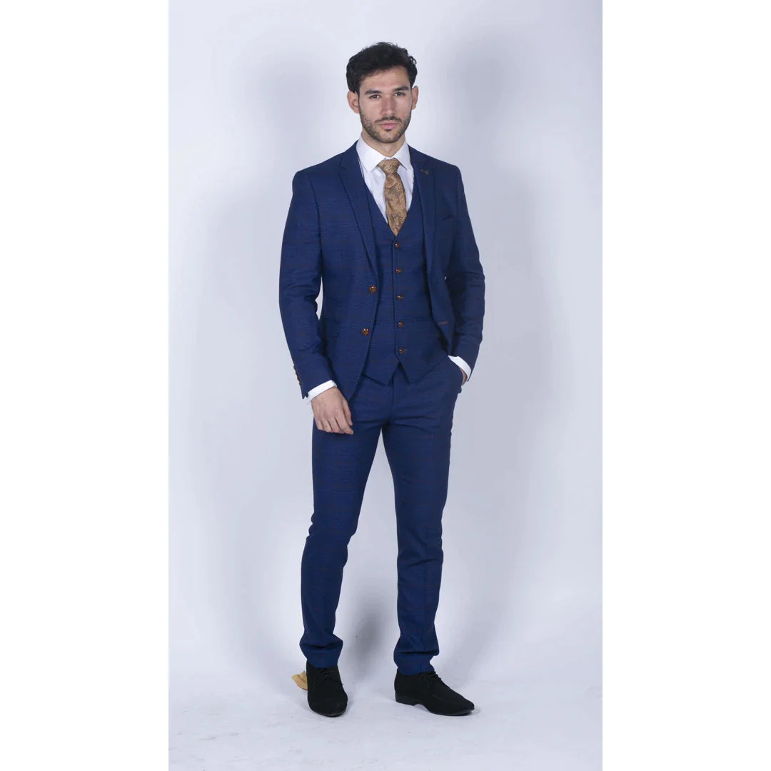 Terno masculino xadrez azul e marrom de 3 peças, corte sob medida, ideal para casamentos, formaturas e corridas de cavalos, estilo Príncipe de Gales.