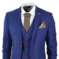 Terno masculino xadrez azul e marrom de 3 peças, corte sob medida, ideal para casamentos, formaturas e corridas de cavalos, estilo Príncipe de Gales.
