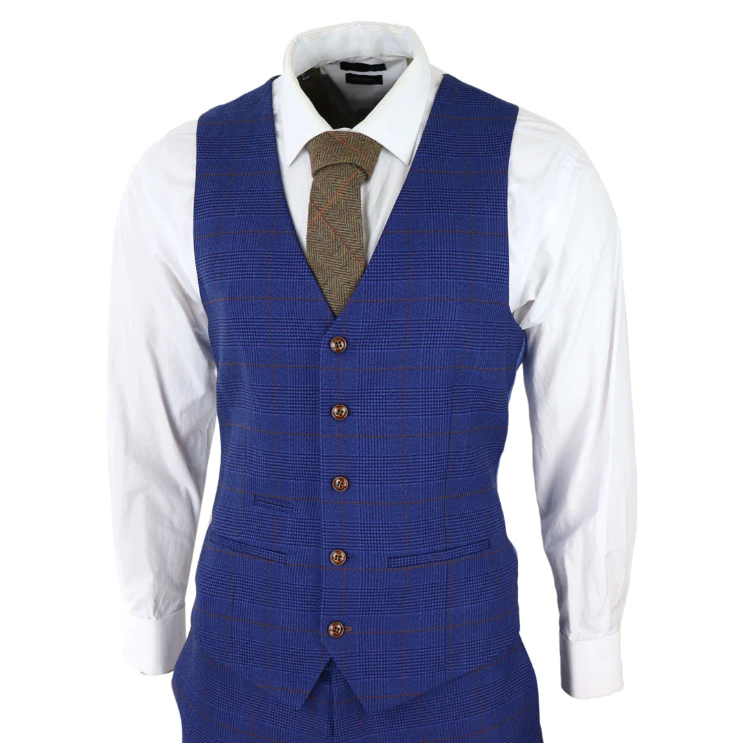 Terno masculino xadrez azul e marrom de 3 peças, corte sob medida, ideal para casamentos, formaturas e corridas de cavalos, estilo Príncipe de Gales.