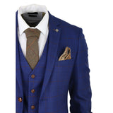Terno masculino xadrez azul e marrom de 3 peças, corte sob medida, ideal para casamentos, formaturas e corridas de cavalos, estilo Príncipe de Gales.