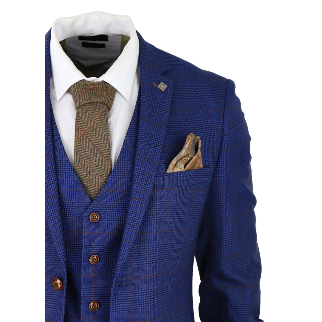 Terno masculino xadrez azul e marrom de 3 peças, corte sob medida, ideal para casamentos, formaturas e corridas de cavalos, estilo Príncipe de Gales.