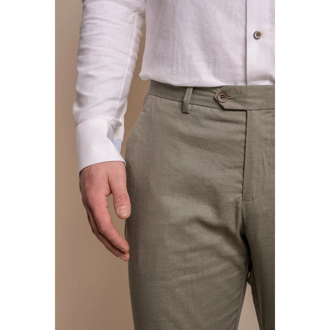 Alvari - Calças de linho cor sálvia para o verão, para homem