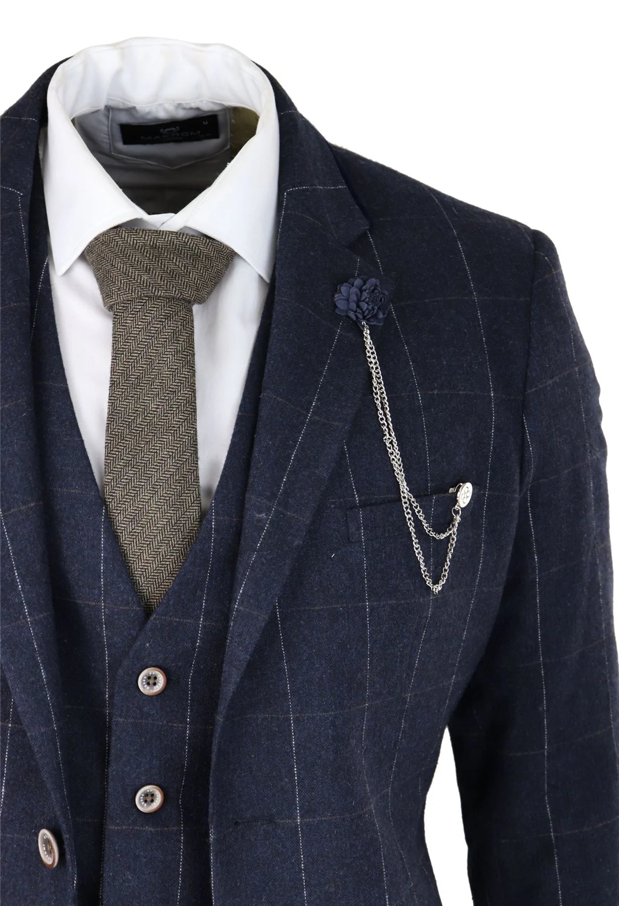 Terno masculino azul-marinho xadrez de 3 peças em lã tweed, estilo clássico vintage dos anos 1920, corte sob medida para casamento.