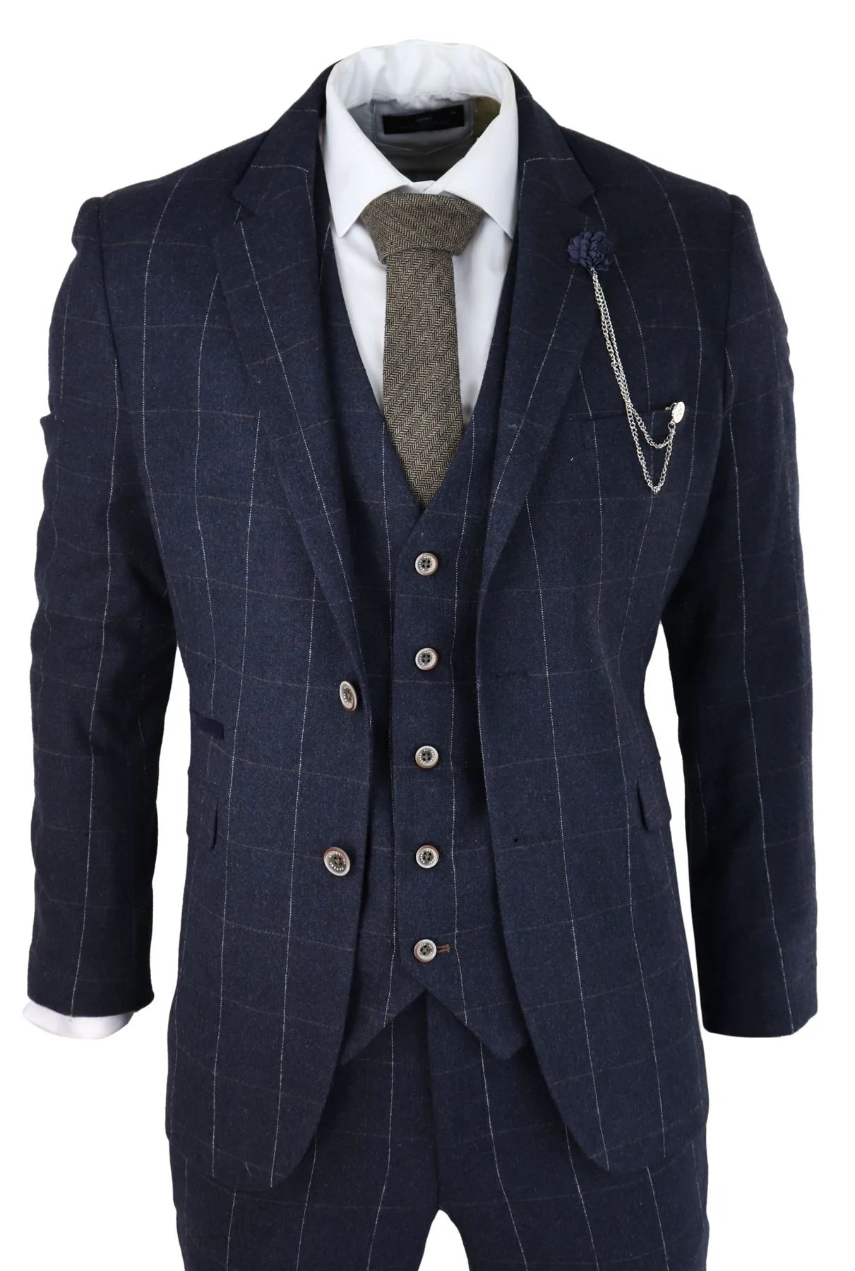 Terno masculino azul-marinho xadrez de 3 peças em lã tweed, estilo clássico vintage dos anos 1920, corte sob medida para casamento.