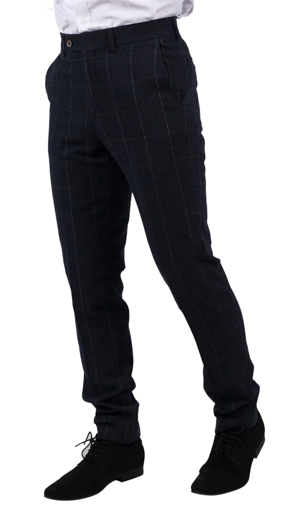 Calças masculinas xadrez azul-marinho em tweed de lã, estilo clássico vintage dos anos 1920, corte sob medida para casamento.