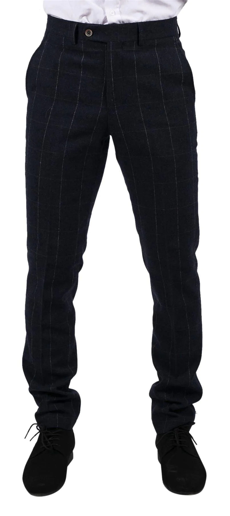 Calças masculinas xadrez azul-marinho em tweed de lã, estilo clássico vintage dos anos 1920, corte sob medida para casamento.