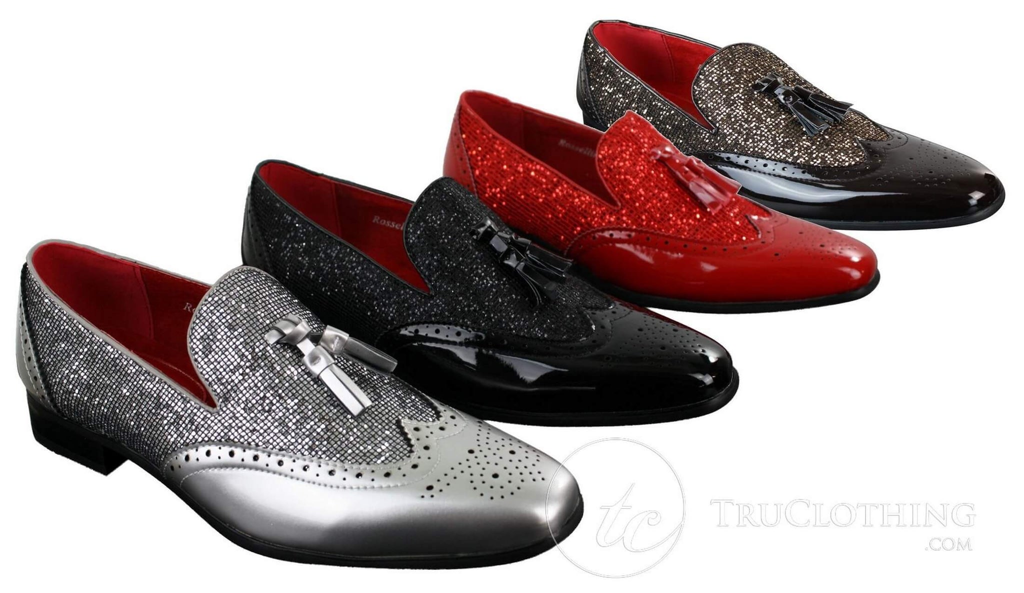 Sapatos masculinos elegantes para festa, com borlas brilhantes, nas cores vermelho, prata e preto, estilo slip-on, em couro envernizado.