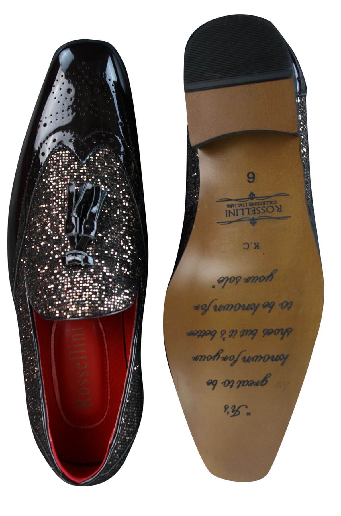 Sapatos masculinos elegantes para festa, com borlas brilhantes, nas cores vermelho, prata e preto, estilo slip-on, em couro envernizado.