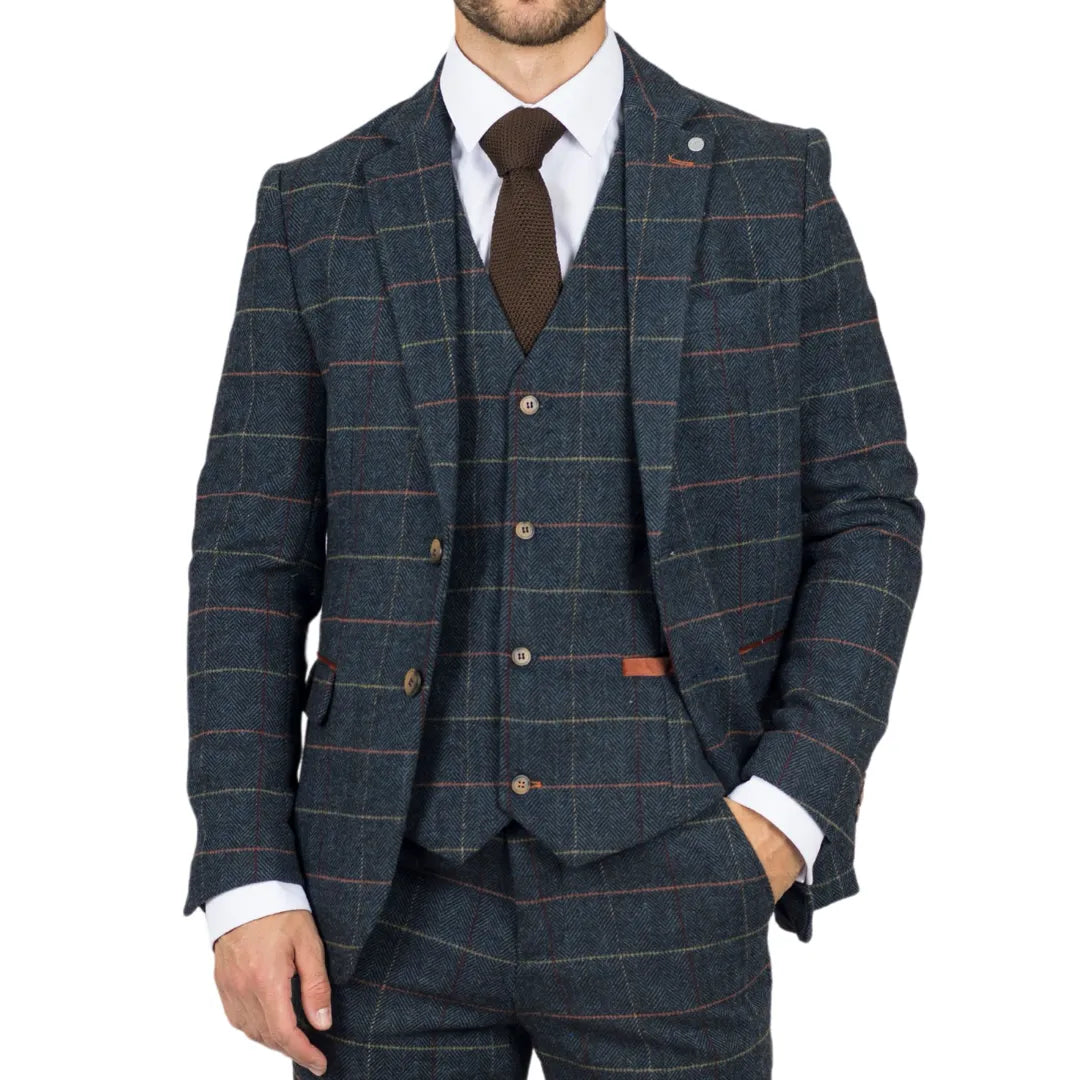 Archer - Blazer masculino em tweed xadrez espinha de peixe azul-marinho