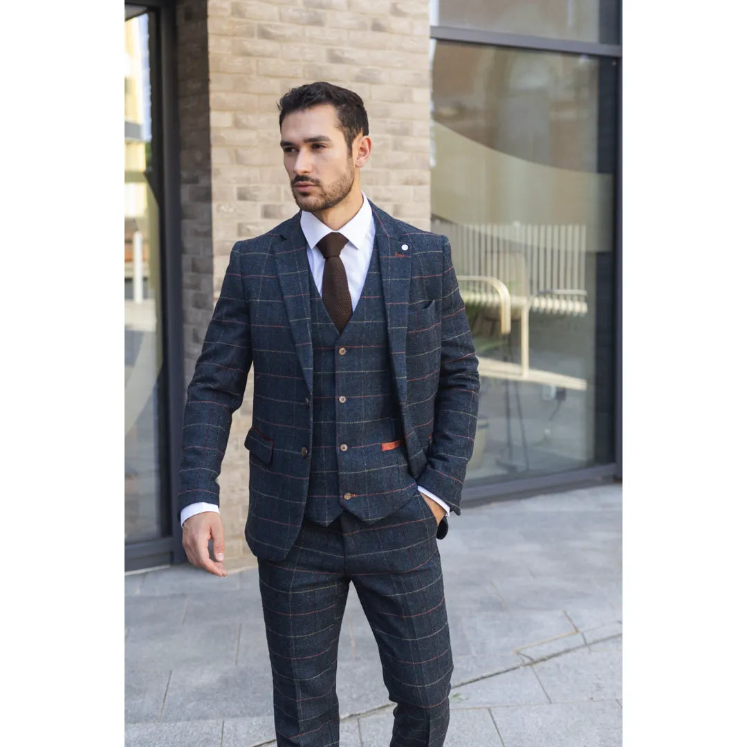 Archer - Blazer masculino em tweed xadrez espinha de peixe azul-marinho