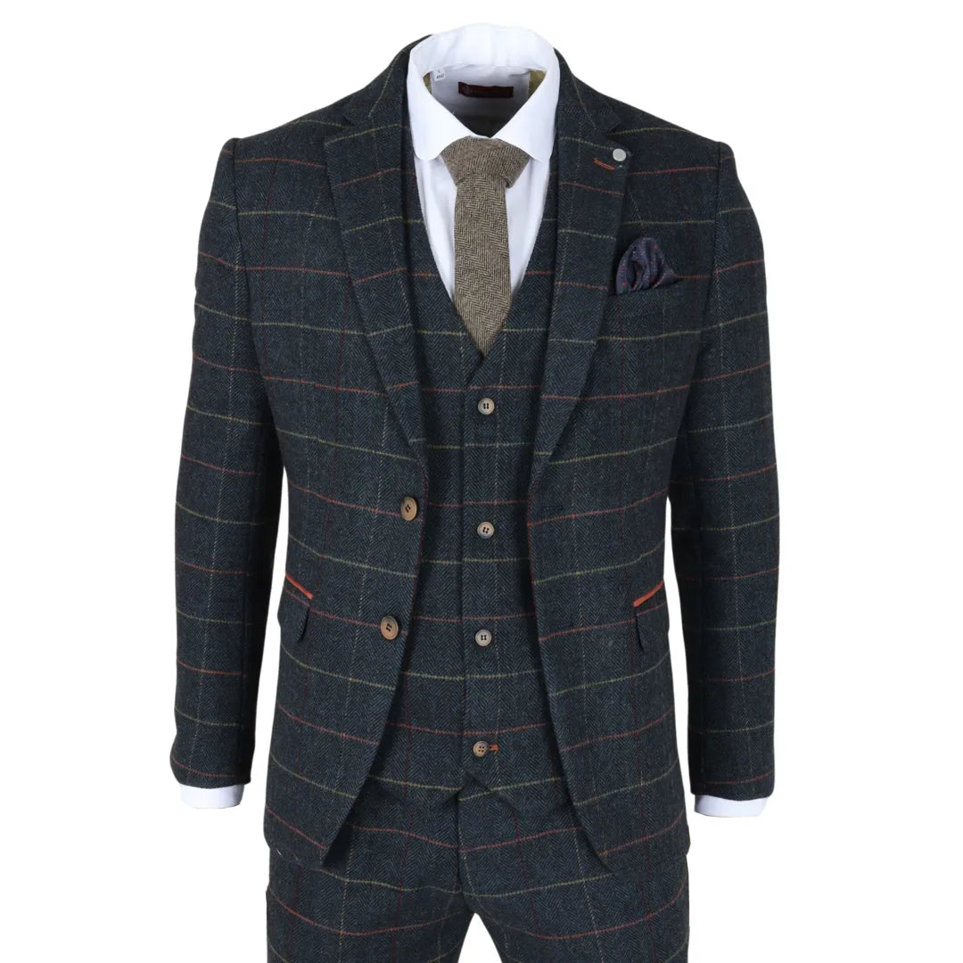 Archer - Blazer masculino em tweed xadrez espinha de peixe azul-marinho