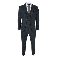 Archer - Terno masculino de 3 peças em tweed espinha de peixe xadrez azul-marinho
