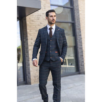 Archer - Terno masculino de 3 peças em tweed espinha de peixe xadrez azul-marinho